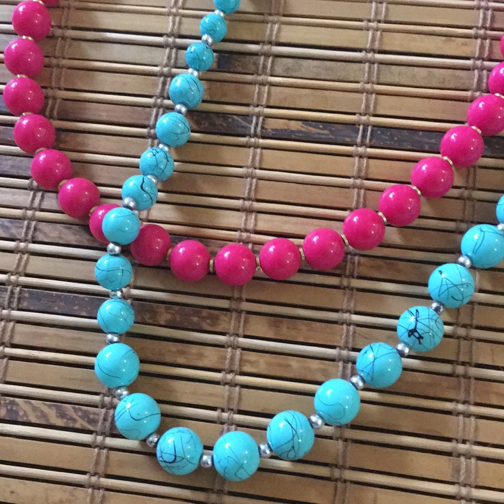 2 Funky Bright Turquoise & Pink Bead Beaded Necklaces